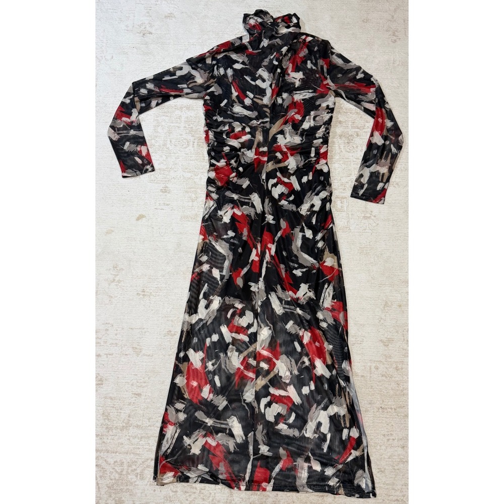 Adrienne Landau Onyx Mesh Maxi Dress Abstract Print Red Black Mock Neck Ruched M